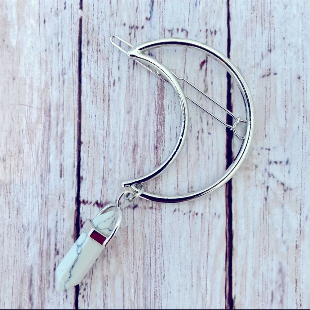 Silver Crescent Moon with White Howlite Gemstone Crystal Barrette Hair Clip NWOT